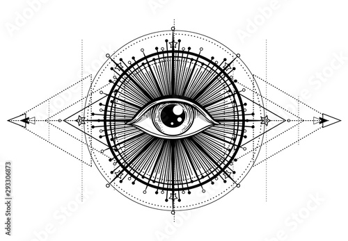 Eye of Providence. Masonic symbol. All seeing eye inside triple moon pagan Wicca moon goddess symbol. Vector illustration. Tattoo, astrology, alchemy, boho and magic symbol.