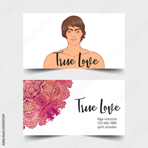 Yoga card design. Beautiful Caucasian Man sitting in Lotus position. Colorful template for spiritual retreat or yoga studio. Ornamental business cards. Vector illustration.