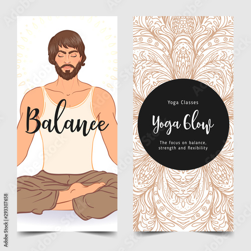 Yoga card design. Beautiful Caucasian Man sitting in Lotus position. Colorful template for spiritual retreat or yoga studio. Ornamental business cards. Vector illustration.