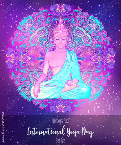 Yoga card design. Colorful template for spiritual retreat or yoga studio. Ornamental business cards, oriental pattern. Vector illustration.