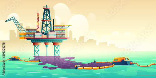 Oil spill accident on sea drilling rig platform cartoon vector illustration. Filters cleaning up oil stains on water surface. Technogenic catastrophe, ecological, environmental disaster liquidation