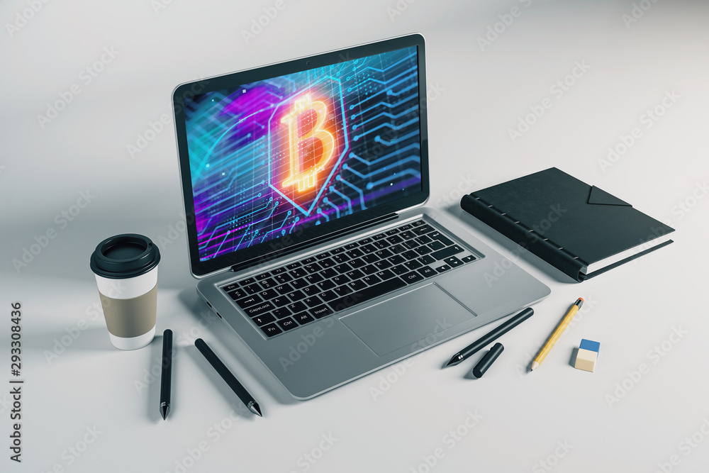 Laptop closeup with bitcoin theme drawing on computer screen. Blockchain concept. 3d rendering. Laptop closeup with bitcoin theme drawing on computer screen. Blockchain concept. 3d rendering.