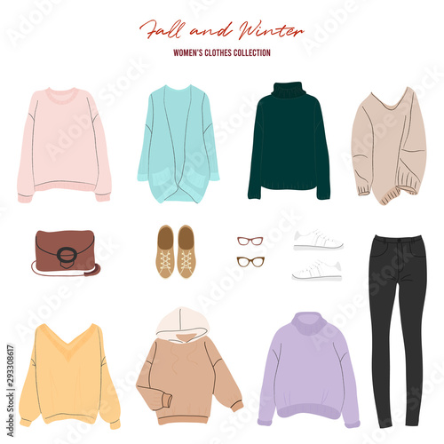 women's clothes collection, Autumn and winter outfit, Hand-drown female fashion set.