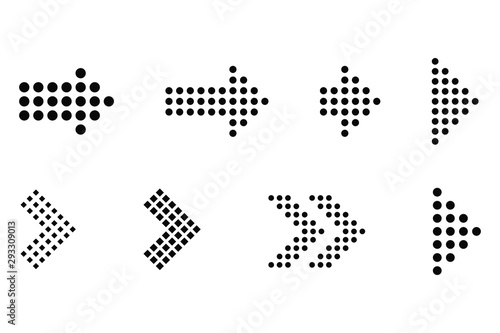 Dotted arrows set. Digital arrow symbols. Vector illustration isolated on white background