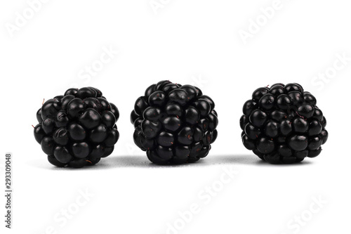 Three blackberries laying separetly from each other on white background