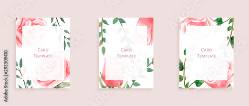 Set of modern card templates. Decorated with roses. Aim used for wedding, invitation, menu, greeting card, magazine, cover, and more. © Chatchanok