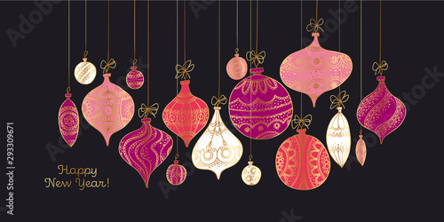 Decorative xmas card with vintage bauble on black