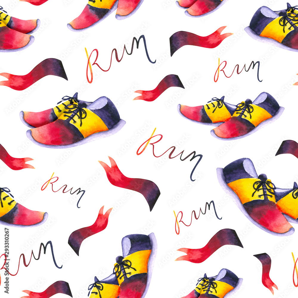 Seamless pattern with sneakers, flags, word Run. Hand drawn watercolor illustration isolated on white. Template with running shoes is perfect for sports design, poster, card, wallpaper, fabric textile