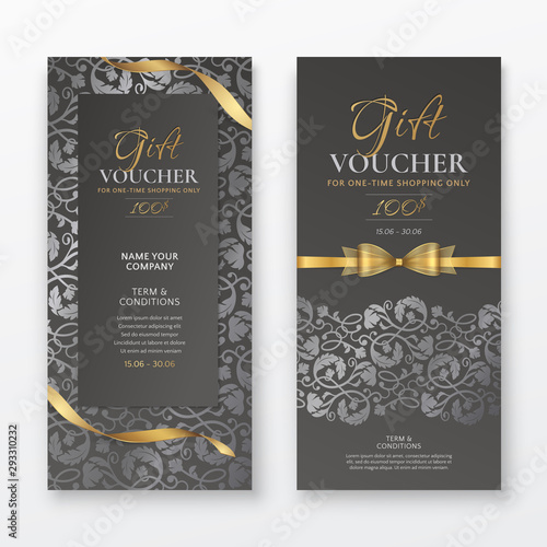 Set of luxury black gift vouchers with gold ribbons, bow and silver vintage floral pattern. Vector elegant vertical template for gift cards, coupons and certificates isolated from background.