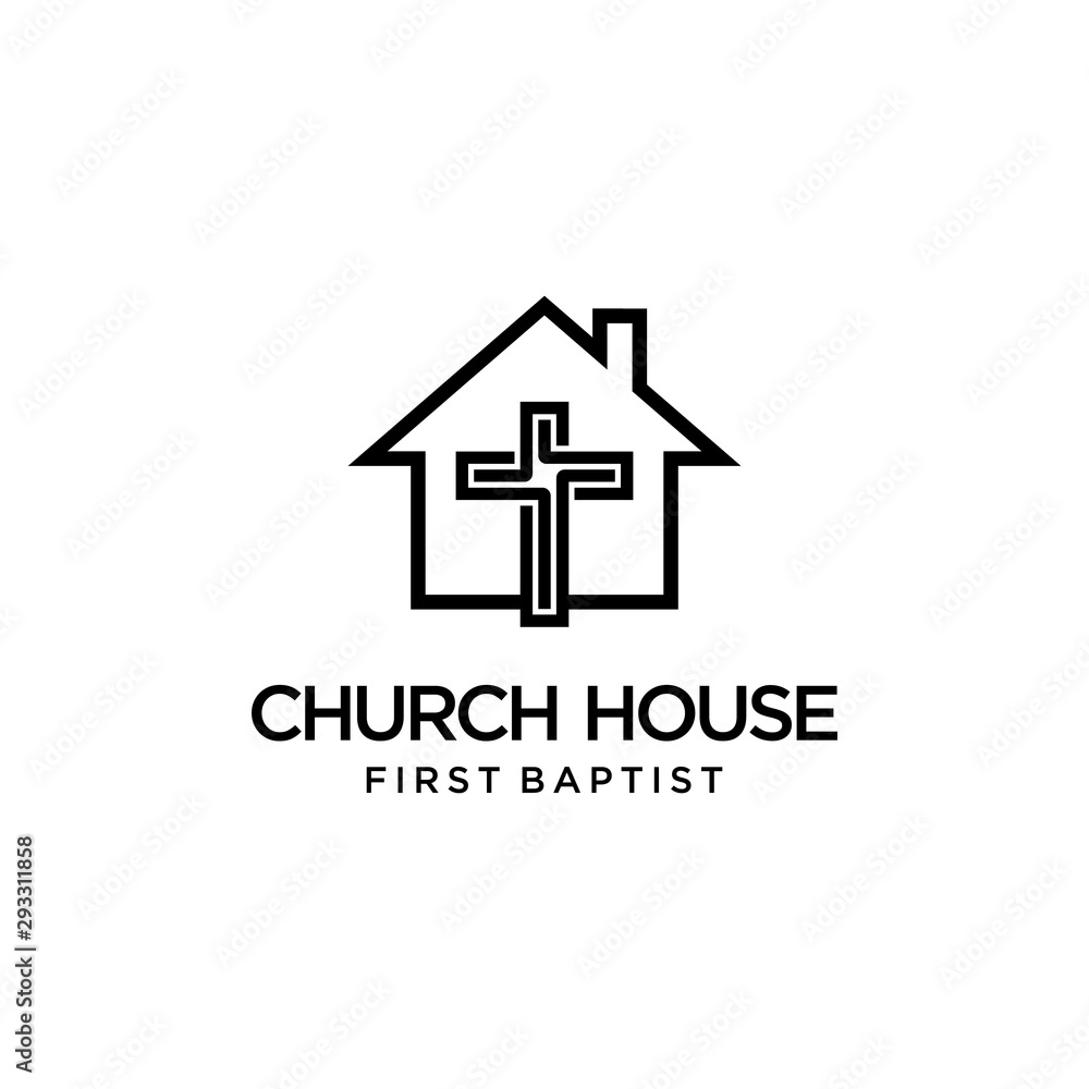 Illustration of a modern small house with a cross inside it logo design