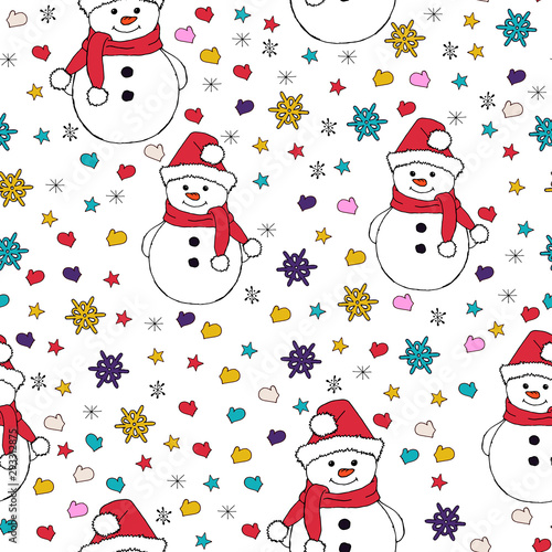 Christmas seamless pattern with snowman, fir trees and snowflakes. Perfect for wallpaper, wrapping paper, pattern fills, winter greetings, web page background