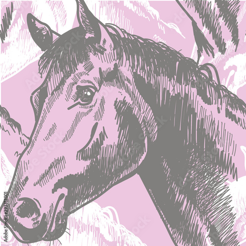 Seamless pattern with horses in vintage style . Realistic drawing by hand.