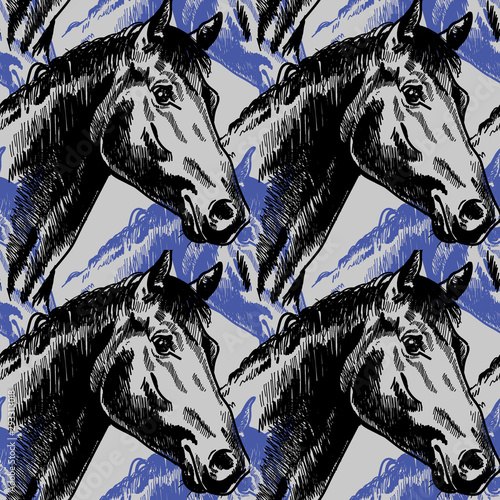 Seamless pattern with horses in vintage style . Realistic drawing by hand.