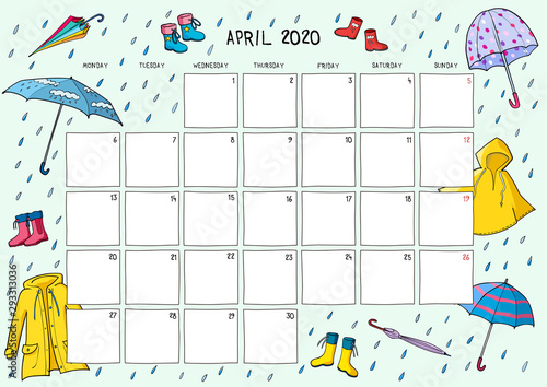 Cute calendar and planner for April 2019. Blue background with colorful illustrations of rain clothes. A4 format.