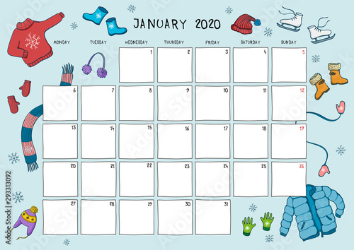 Cute calendar and planner for January 2020. Blue background with colorful illustrations of winter clothes. A4 horizontal format.