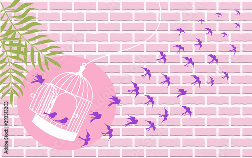 a flock of birds flying on pastel pink brick wall and leaves, crows, swans. bird cages vector illustrator. freedom concept 