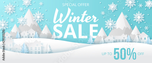 Winter sale banner with house, snow, mountain and tree. Papercut vector design. Vector illustration.