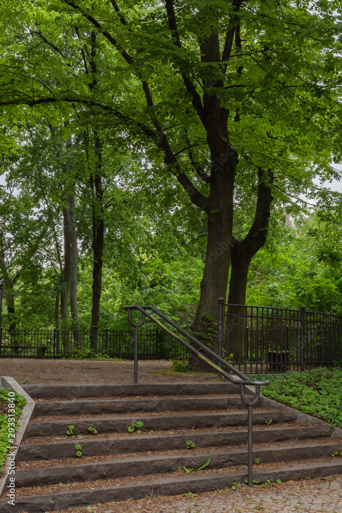 Walk on a warm sunny day in the park Volkspark Friedrichshain in Berlin, stone stairs Walk on a warm sunny day in the park Volkspark Friedrichshain in Berlin, stone stairs