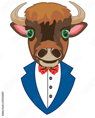 Vector illustration of the cartoon of the head of the oxen in tuxedo