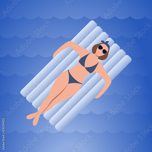 Woman with inflatable air mattress on blue waves background. Beautiful girl swim in ocean, sea, pool. Marine background with copy space. Vacation, tourism, relax banner. Flat design.