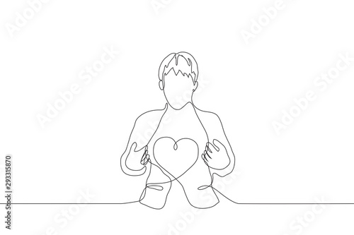 a continuous line of art a man is standing opening his jacket, inside of which is a heart. The concept of an open heart, kindness, empathy, support, comfort. It can be used for animation. Vector. photo