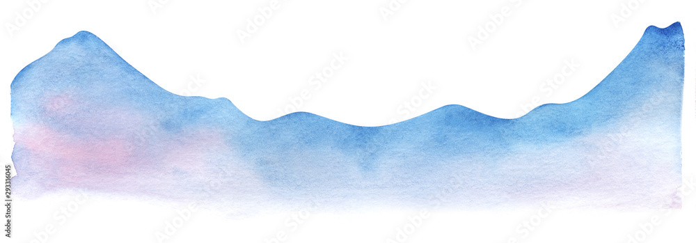 Mountain range silhouette. Watercolor shape of the mountains. Decorative element for page design. Blue mountains with smooth peaks. Gradient from blue to pink. Mountain border. Drawn by hands