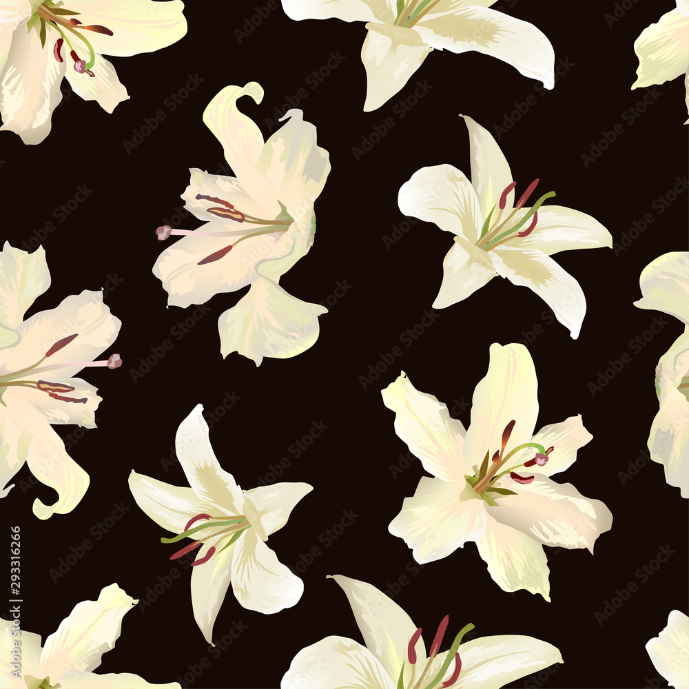 Seamless pattern with ivory lily flower without stems and leaves. Realistic opened big buds on a dark brown background. Vector floral illustration. Seamless pattern with ivory lily flower without stems and leaves. Realistic opened big buds on a dark brown background. Vector floral illustration.