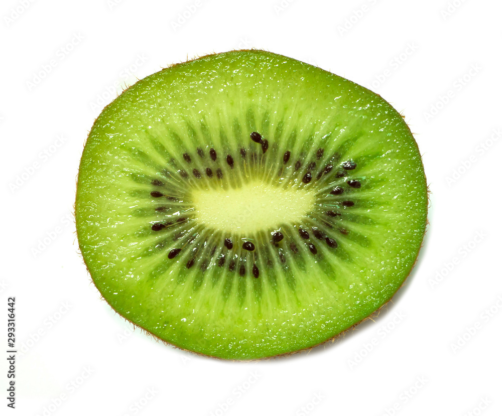Over view crossecsion f of kiwi fruit whit black seeds isolated on white background Over view crossecsion f of kiwi fruit whit black seeds isolated on white background