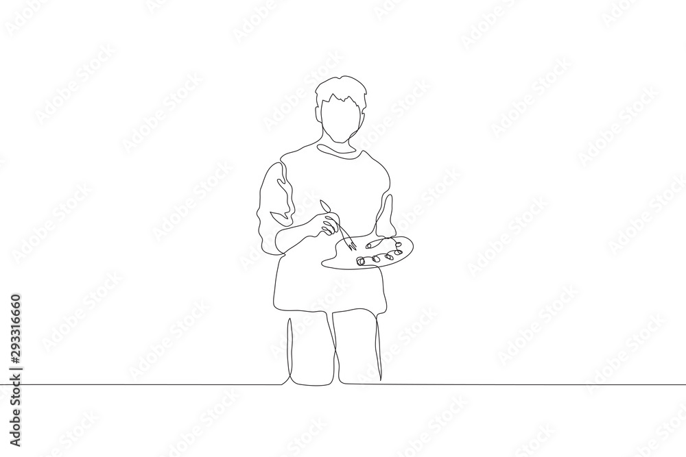 Continuous line art a young artist with a palette in his hands and a brush is facing the viewer. A man with short hair in simple clothes. Can be used for animation. The concept of creativity. Vector