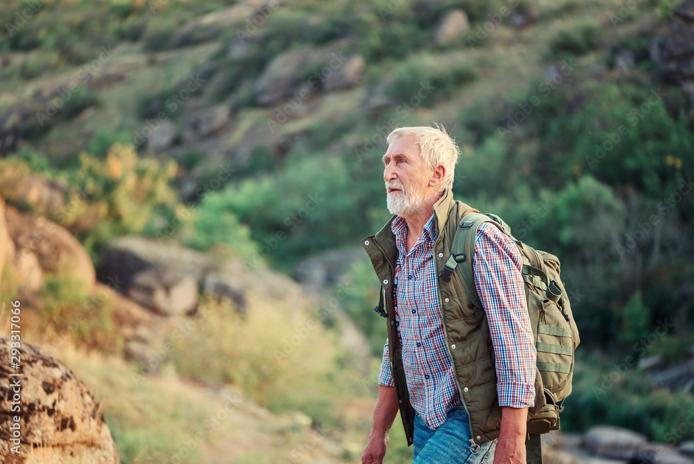Tourist elder man with a gray beard with a backpack on his shoulders against the backdrop of the gorge, rocks and stones