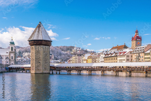 Historic city center of downtown Lucerne with  Chapel Bridge and lake Lucerne © f11photo