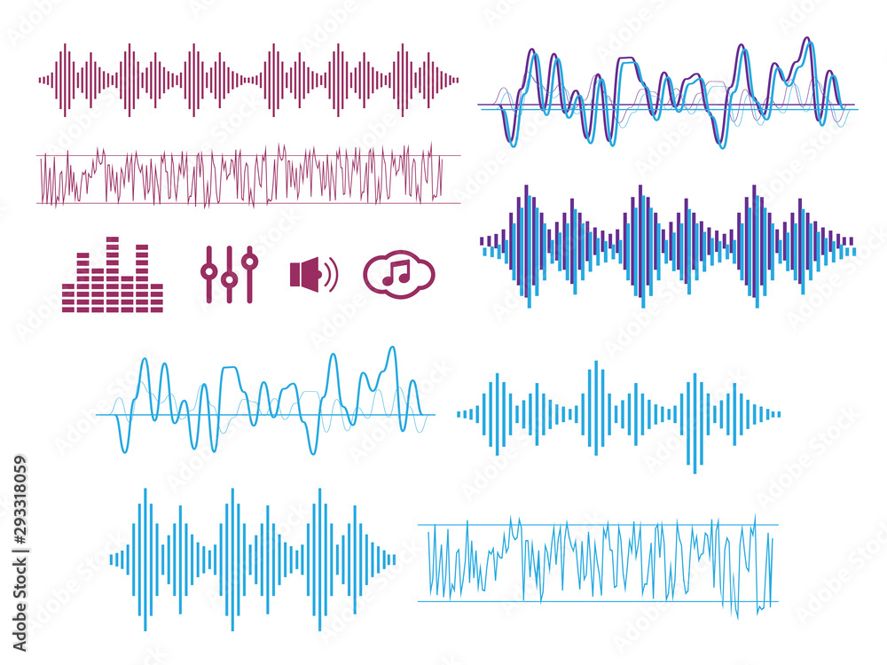 Signal wave set. Analog signals, digital sound waves Signal wave set. Analog signals, digital sound waves