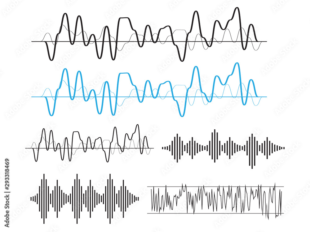 Sound wave forms. Music amplitude waveforms equalizer. Voice audio form