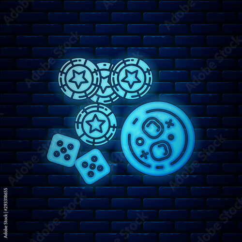 Glowing neon Casino chips, game dice and glass of whiskey with ice cubes icon isolated on brick wall background. Casino poker. Vector Illustration