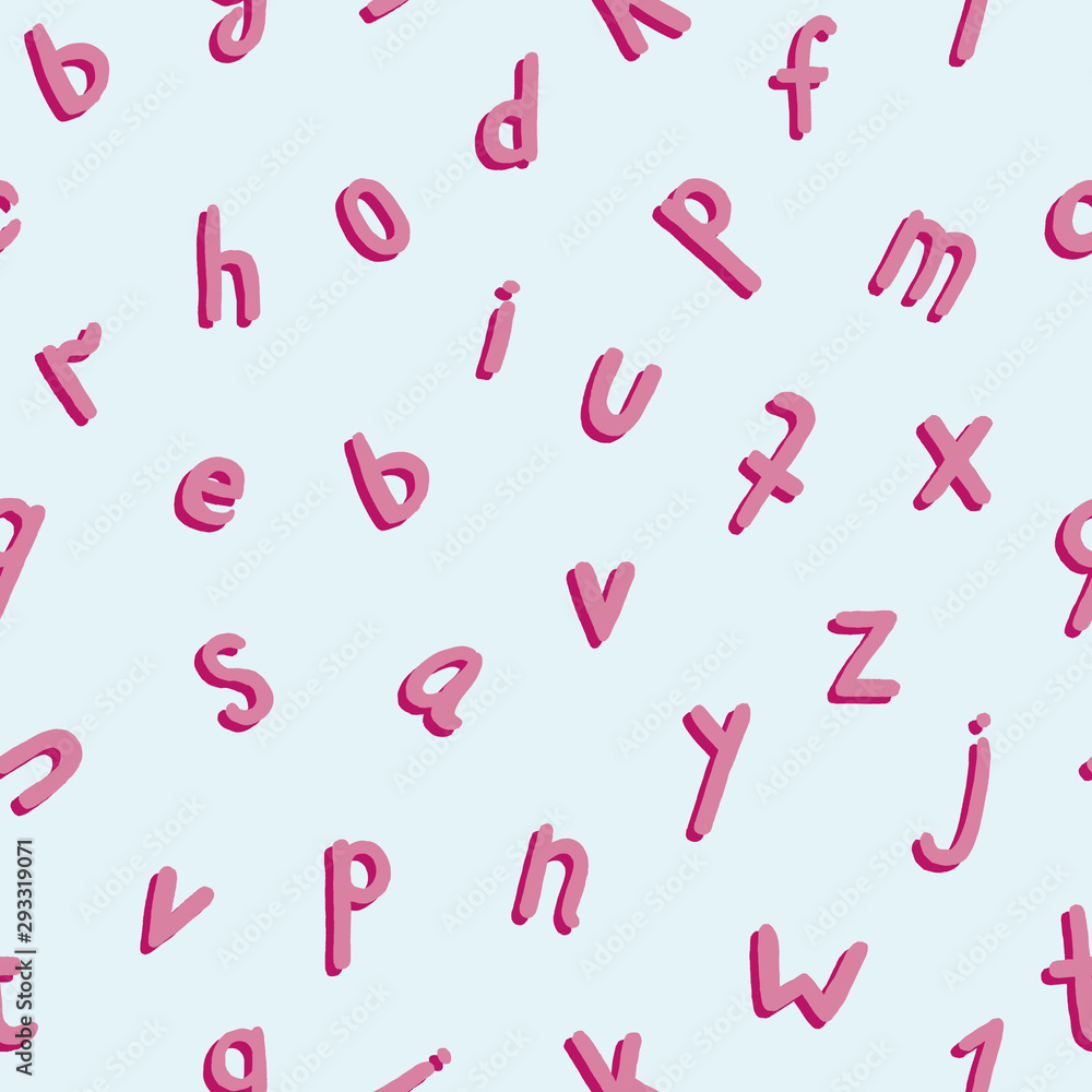 Seamless pattern of lowercase latin letters. Pink blue Gradient letters soar randomly on a light purple background. Trace Lettering. Vector illustration Seamless pattern of lowercase latin letters. Pink blue Gradient letters soar randomly on a light purple background. Trace Lettering. Vector illustration
