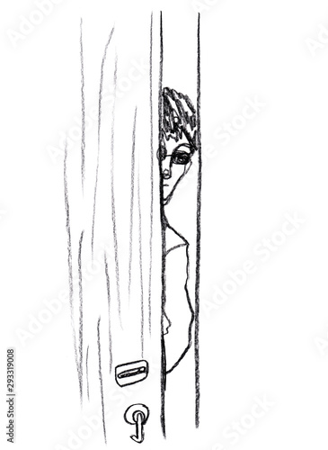Portrait Of A Man In Black Glasses Looking Out Of A Small Opening Of The Door He Opened Hand Drawn Pencil Illustration In One Line Sketch Technique Stock Illustration Adobe Stock