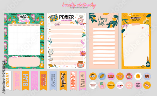 Collection of weekly or daily planner, note paper, to do list, stickers templates decorated by cute beauty cosmetic illustrations and trendy lettering. Trendy scheduler or organizer. Flat vector