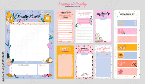 Collection of weekly or daily planner, note paper, to do list, stickers templates decorated by cute beauty cosmetic illustrations and trendy lettering. Trendy scheduler or organizer. Flat vector