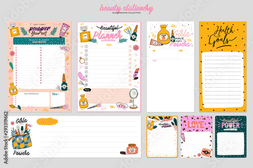 Collection of weekly or daily planner, note paper, to do list, stickers templates decorated by cute beauty cosmetic illustrations and trendy lettering. Trendy scheduler or organizer. Flat vector
