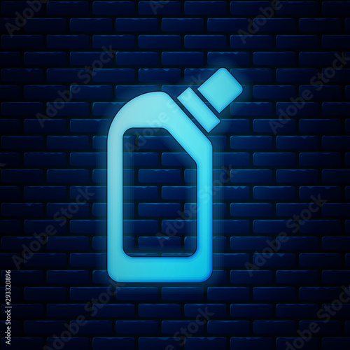 Glowing neon Plastic bottle for liquid laundry detergent, bleach, dishwashing liquid or another cleaning agent icon isolated on brick wall background. Vector Illustration