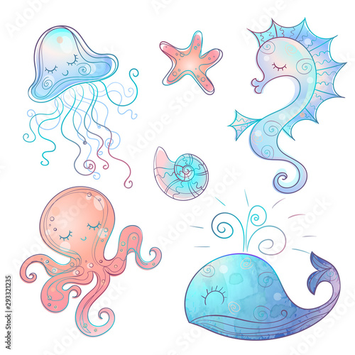 Cute seahorse sleeping sweetly. Sea world. Vector.