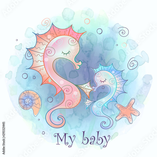 Seahorse mom and baby. Baby shower. Watercolor Vector