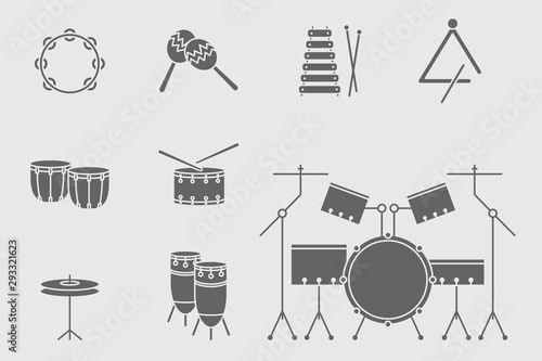 Percussion music instruments Icons set - Vector solid silhouettes of drum equipment, tambourine, cymbal, bongo, maracas, triangle and xylophone for the site or interface