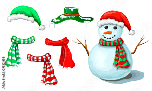 Christmas snowman illustration with various accessory isolated on white background. Cute smiling snowman construction. xmas and new year collection for creating snowman. hand drawn frosty character