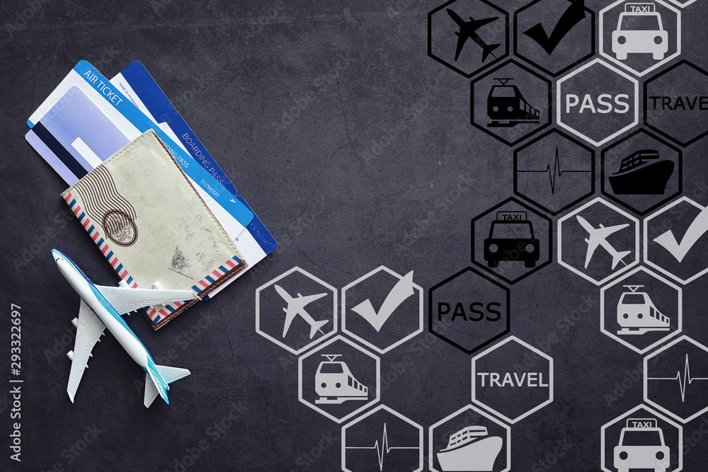 Obraz premium Air ticket and passport for flight plane. Travel concept. Ticket booking.