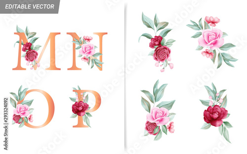 Floral alphabet set with watercolor flowers elements. Letters M, N, O, P with botanical arrangements composition. Flower bouquet illustration for wedding invitation decoration design vector