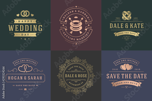 Wedding invitations save the date logos and badges vector elegant elements set