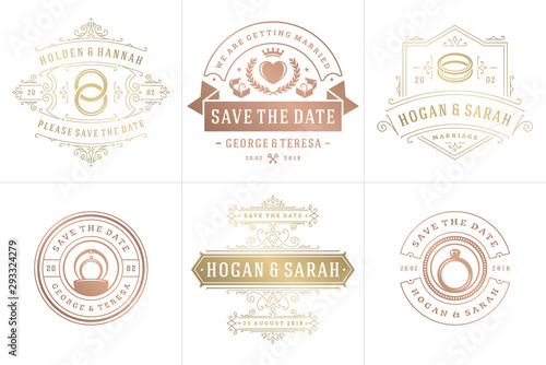 Wedding invitations save the date logos and badges vector elegant elements set