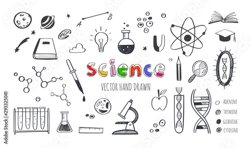 Vector hand drawn Science and Education doodle set. DNA, Biology, Astronomy and other objects.