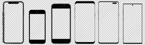 Set of mobile phones with transparent screens. Vector graphic